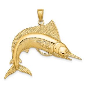 10K Yellow Gold 2-D Polished & Satin STRIPED MARLIN Necklace Charm Pendant Dad